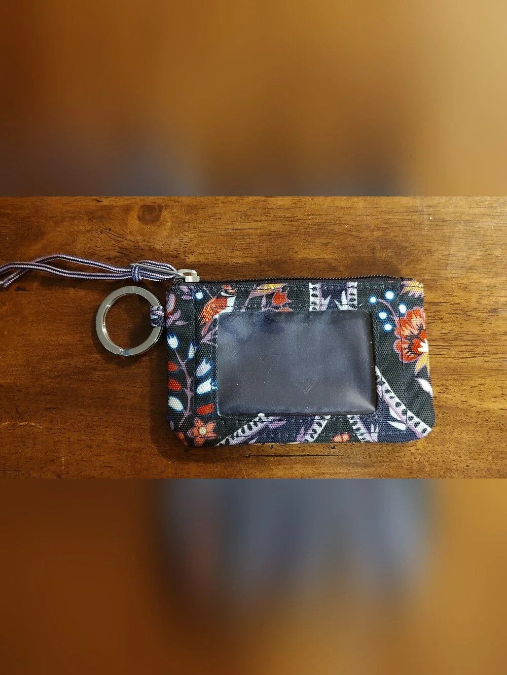 Vera Bradley Floral Black Orange Blue Card Holder Key Ring